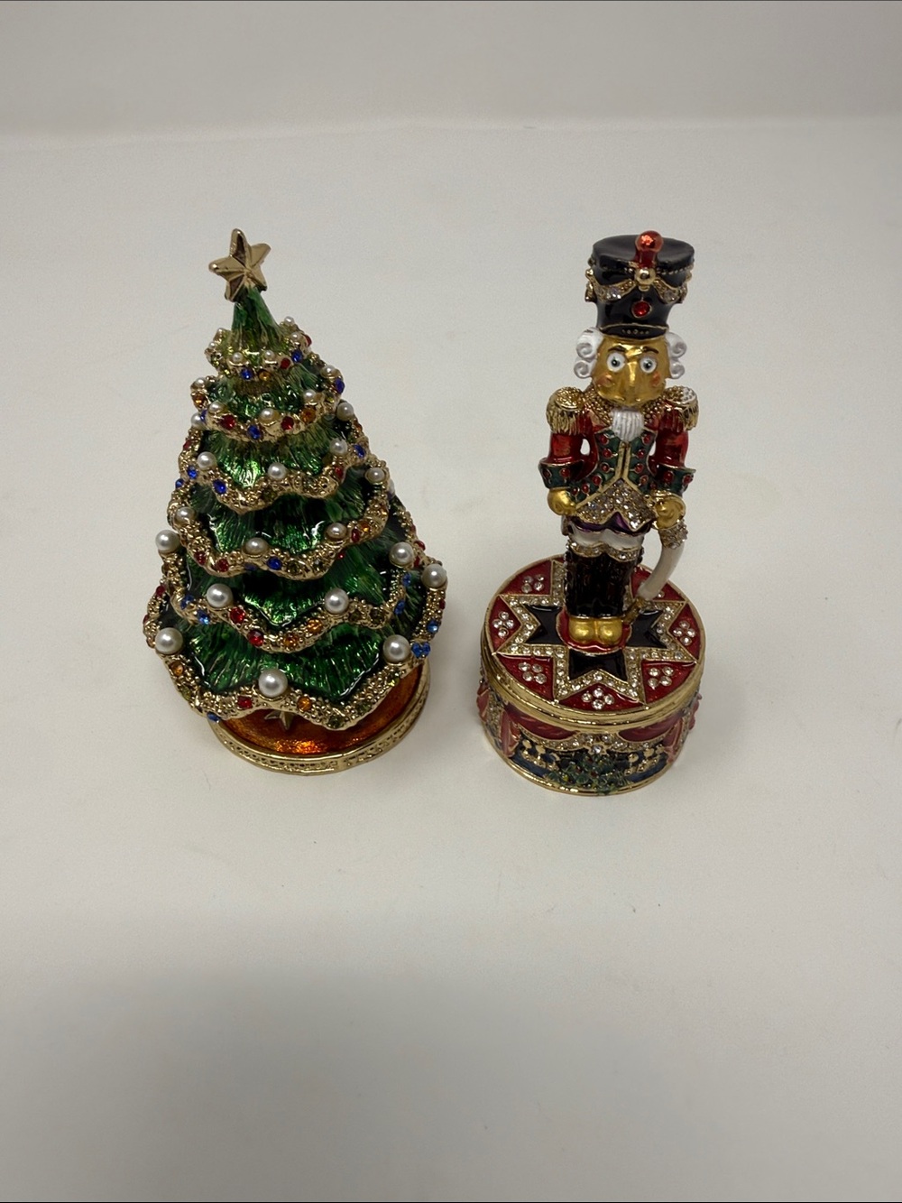 Holiday Nutcracker & Christmas Tree Decorative Trinket Box Set - Green and Red